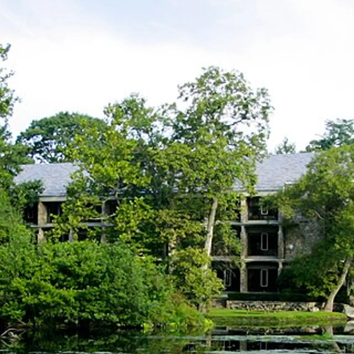 Panoramic view over the water towards the Bridgewater Associates' campus