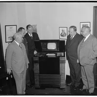 Federal Communications Commissioners inspect the latest in television, Washington, D.C. , December 1, 1939. The first public demonstration of the new lightweight television equipment was given today b