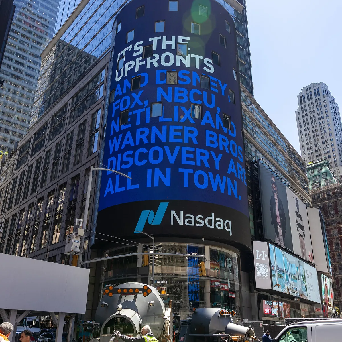 Exterior of the Nasdaq Tower during the network upfronts in May 2026.