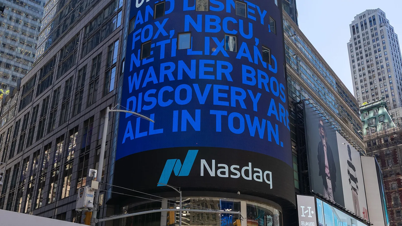 Exterior of the Nasdaq Tower during the network upfronts in May 2026.