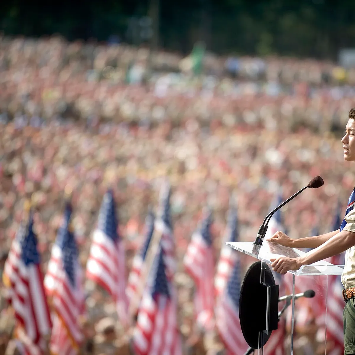 The two millionth Eagle Scout Anthony Thomas addresses an audience of more than 45,000 during the Boy Scouts of America 2010 National Scout Jamboree on Fort AP Hill, Va., July 28, 2010.