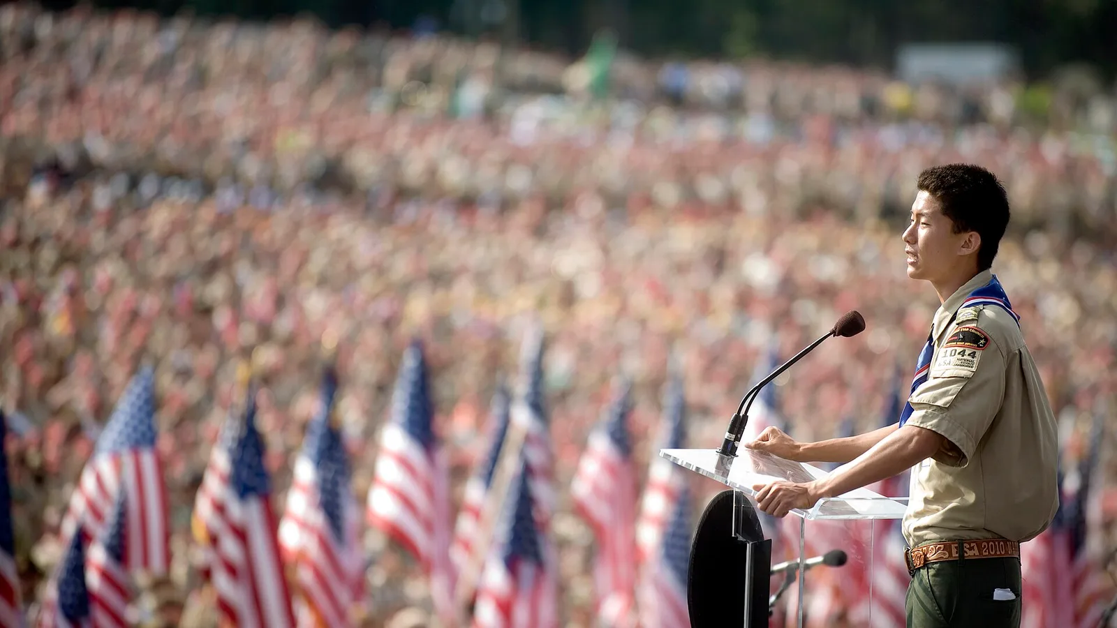 The two millionth Eagle Scout Anthony Thomas addresses an audience of more than 45,000 during the Boy Scouts of America 2010 National Scout Jamboree on Fort AP Hill, Va., July 28, 2010.