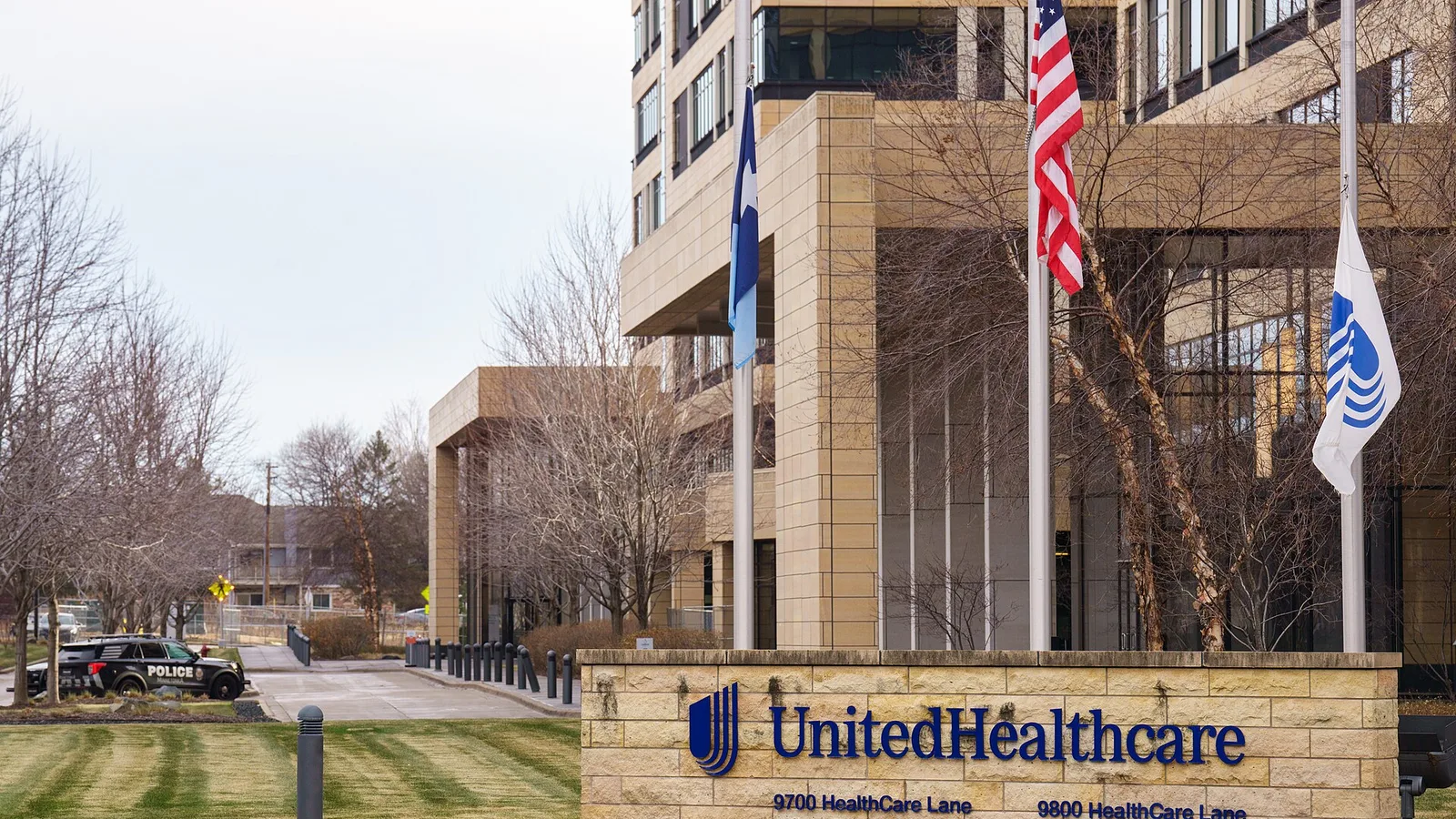 Police outside the corporate headquarters of UnitedHealthcare in Minnetonka, Minnesota on December 8, 2024. The insurance company’s CEO Brian Thompson was killed on December 4th, 2024 in New York City